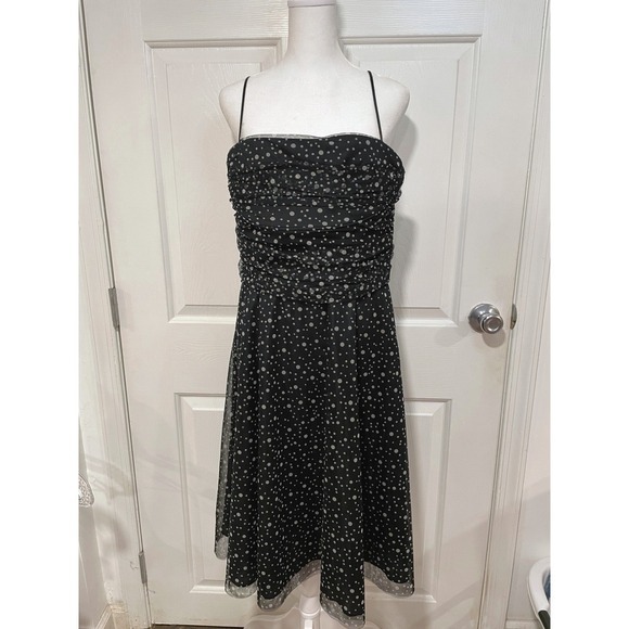 Retro XL 16 Jessica Howard Mesh Ruched Black Polka Dot Dress Fit & Flare Formal‎ - Picture 2 of 11